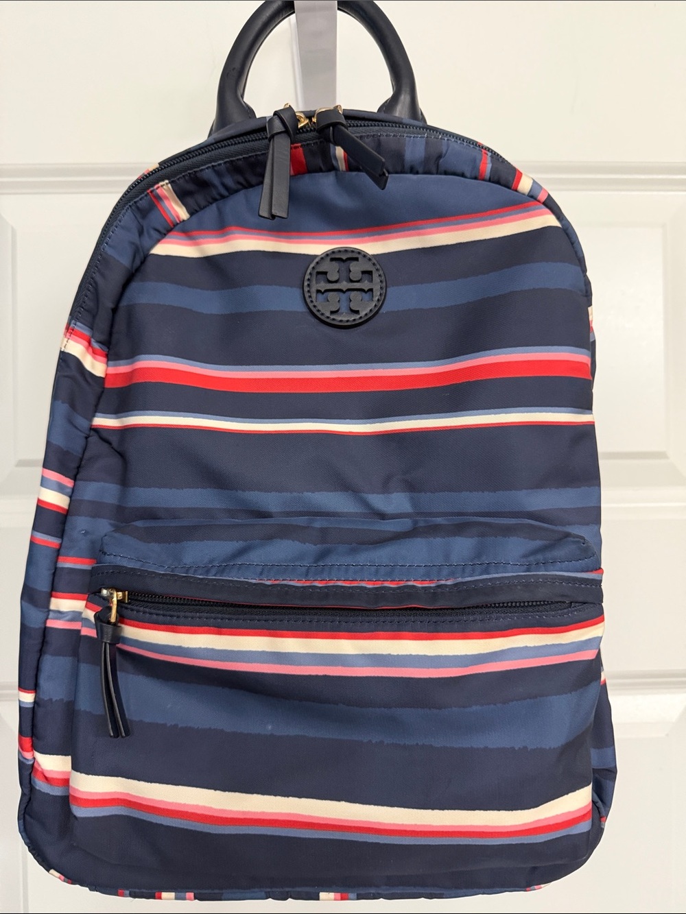 Tory Burch Navy, Red & Cream Striped Nylon Backpack